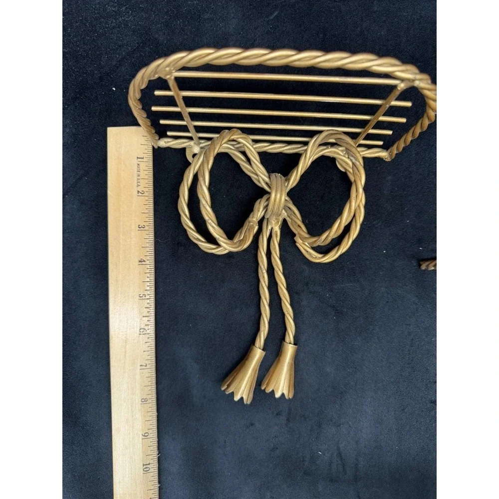Vintage Gold Metal Bow Wall Shelves (2) & Taper Candle Sconce Coquette Regency